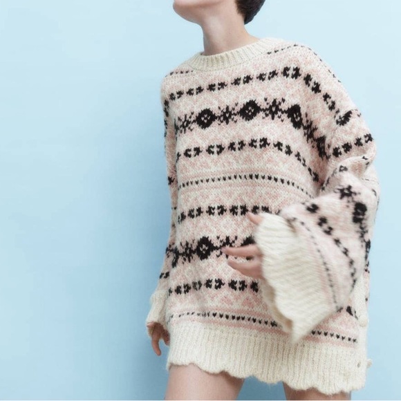 Zara Jacquard Knit Sweater With Side Vents Pink Cream - Picture 3 of 6